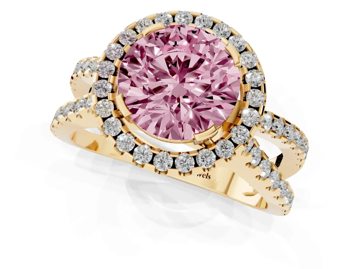 Fancy Pink Round Cut Diamond Halo Ring with Split Shank Pavé Band and Prong Setting Yellow gold
