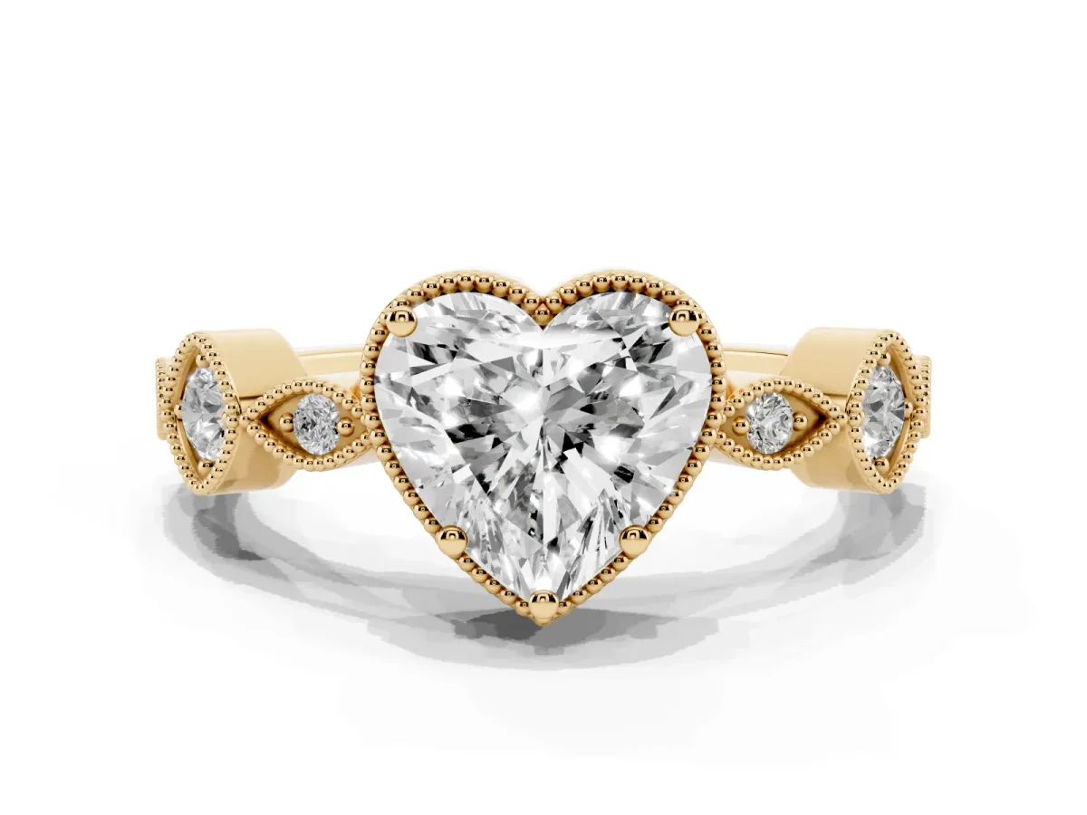 Heart Cut Diamond Vintage Milgrain Ring with Round Stations Yellow gold