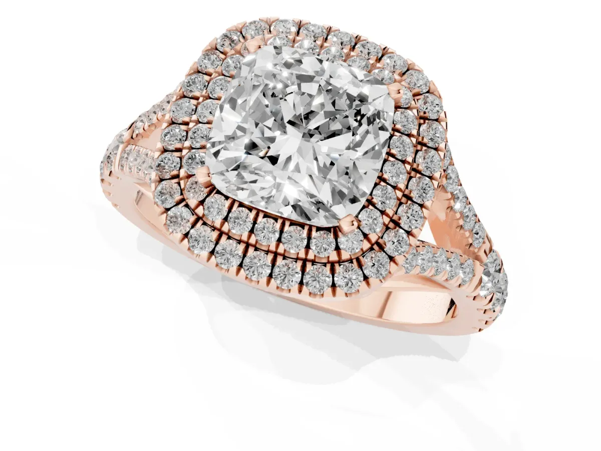 Cushion Cut Diamond Pavé Split Shank Double Halo Engagement Ring Rose gold