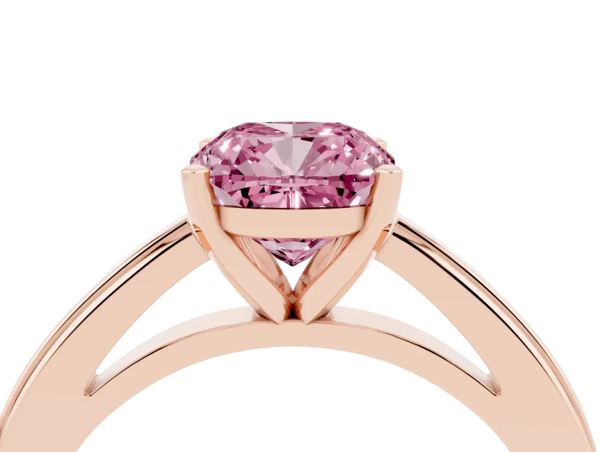 Fancy Pink Cushion Cut Solitaire Diamond Ring with Four-Prong Setting and Classic Band Rose gold