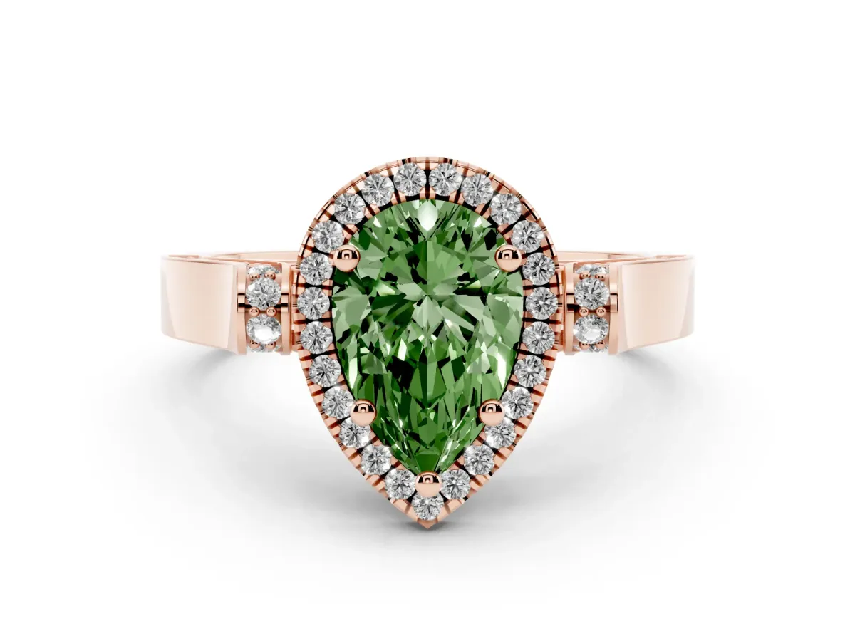 Fancy Green Pear Cut Halo Pave Split Shank Prong Setting Ring Rose gold