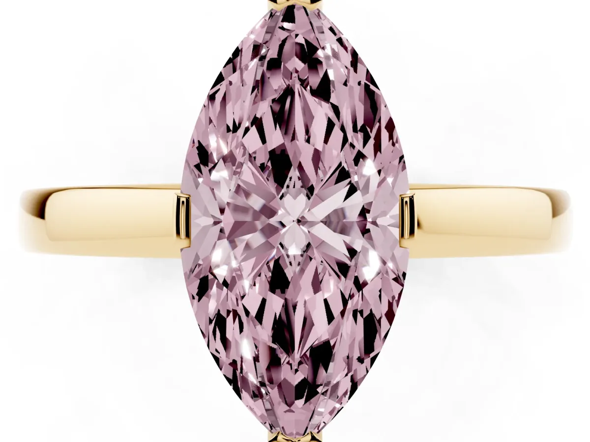 Fancy Pink Marquise Cut Cut Solitaire Ring with Four-Prong Setting and Classic Band Yellow gold
