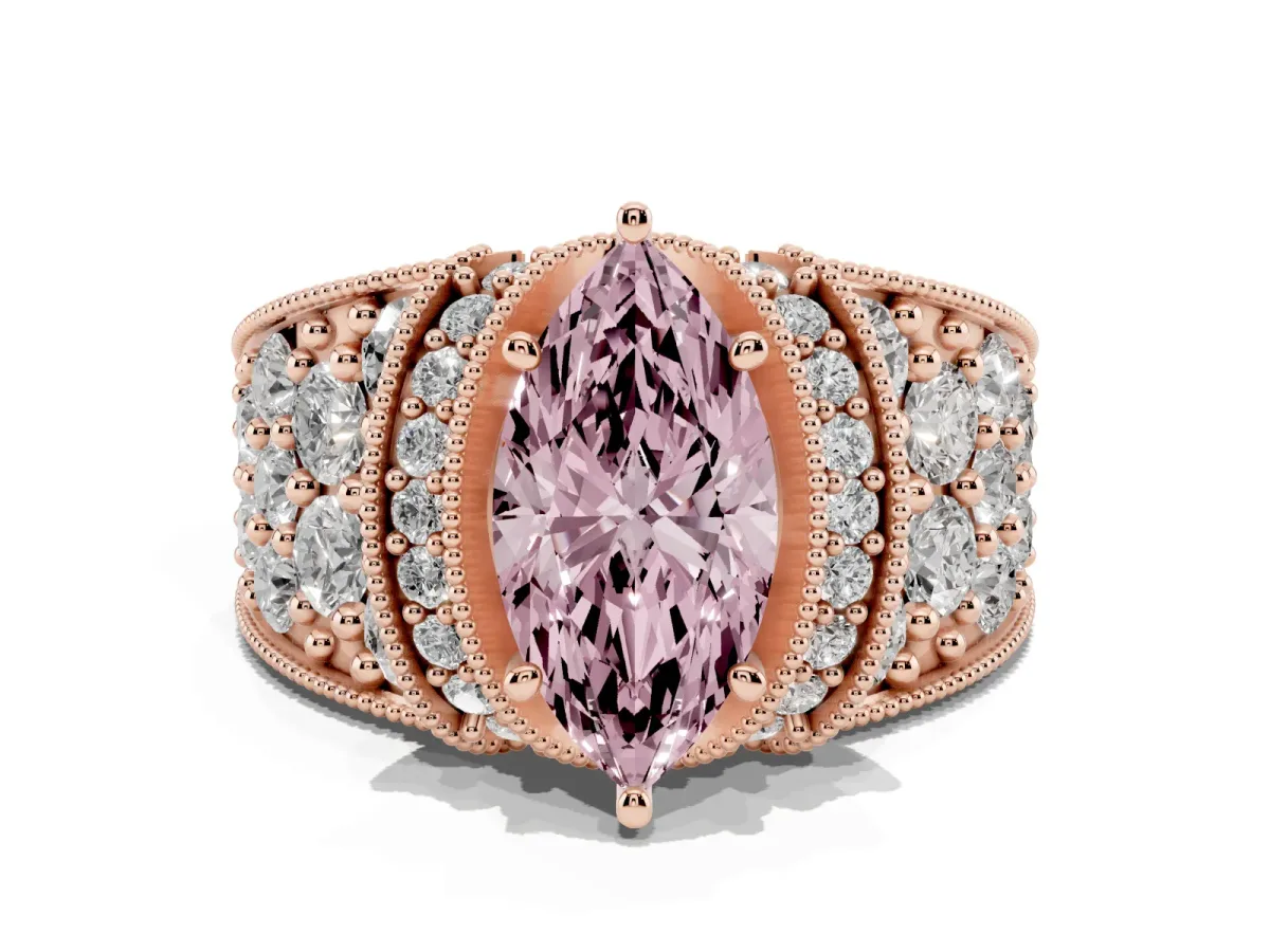 Fancy Pink Marquise Cut Halo Pave Diamond Engagement Ring with Milgrain Detailing Rose gold