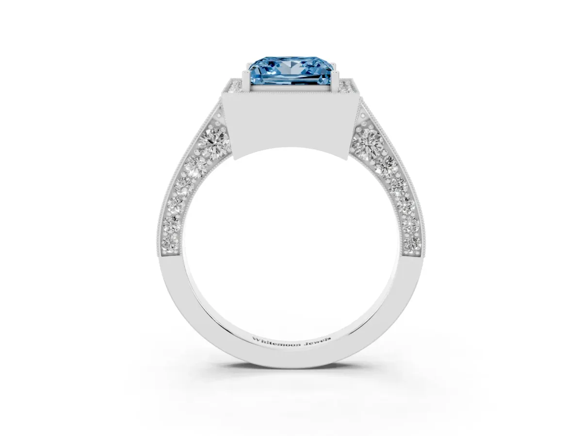 Fancy Blue Princess Cut Halo Diamond Engagement Ring with Split Shank Band and Four-Prong Setting Silver