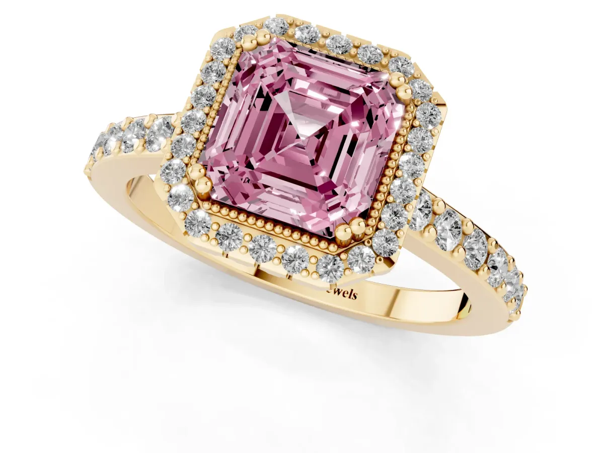 Fancy Pink Asscher Cut Cut Diamond Halo Engagement Ring with Milgrain Detail and Pavé Band Yellow gold