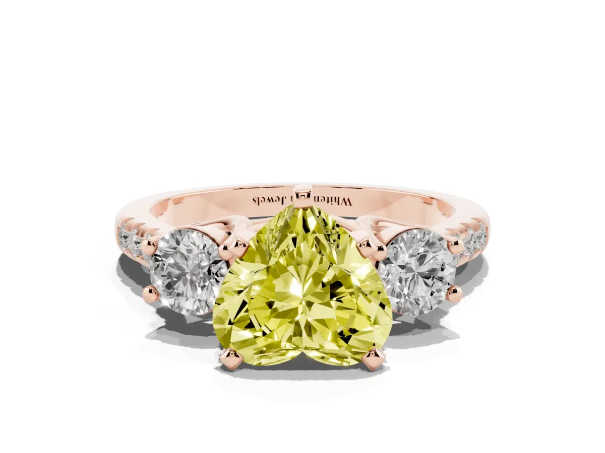 Fancy Yellow Three-Stone Heart Cut Diamond Pavé Band with Four-Prong Setting Rose gold