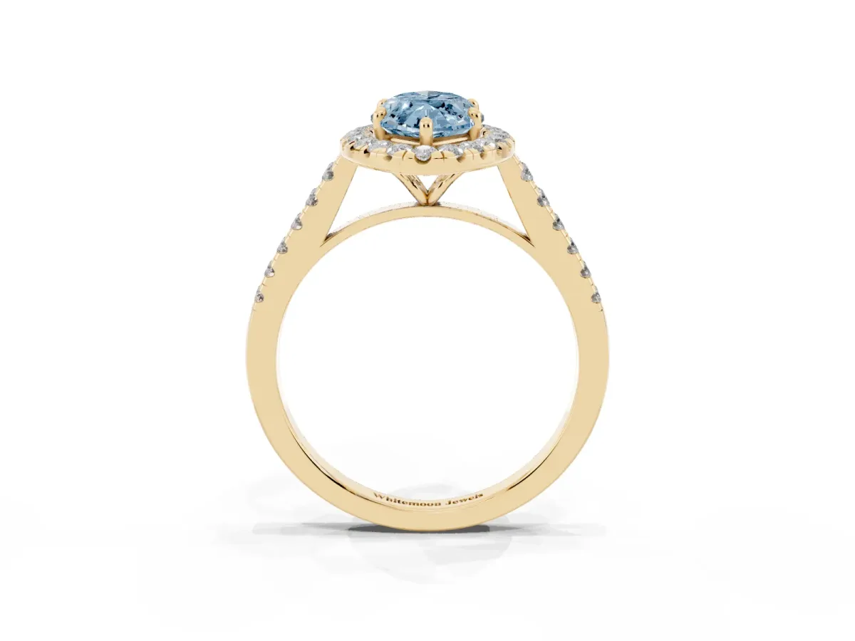 Fancy Blue Marquise Cut Halo Pave Diamond Engagement Ring with Four-Prong Setting Yellow gold