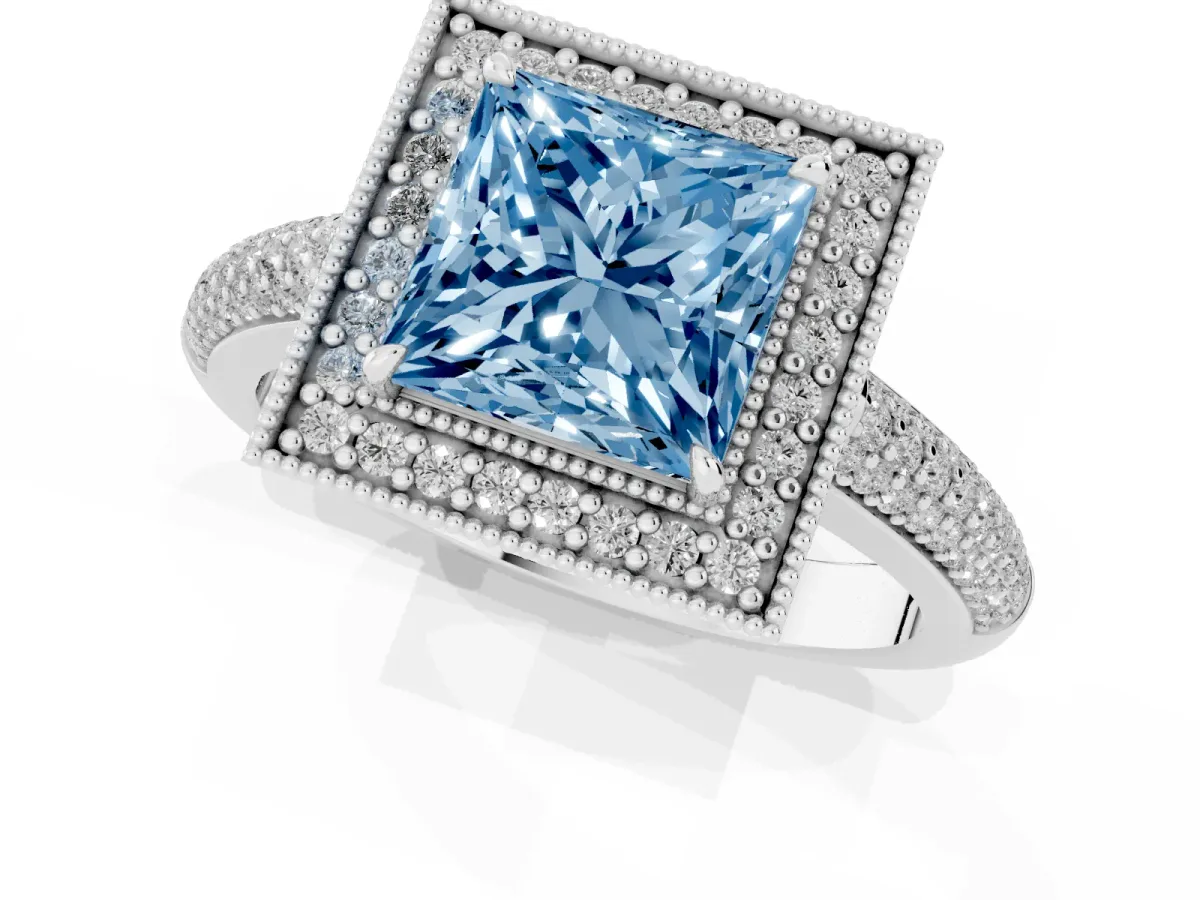 Fancy Blue Princess Cut Cut Halo Diamond Pave Band with Four-Prong Setting Silver