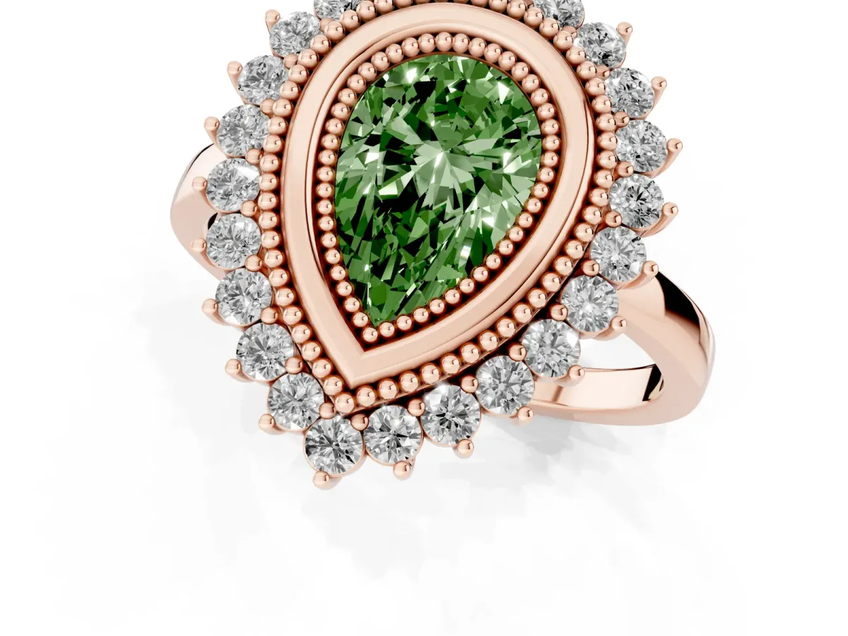 Fancy Green Pear Cut Halo Diamond Ring with Milgrain Edge and Round Prong Setting Rose gold
