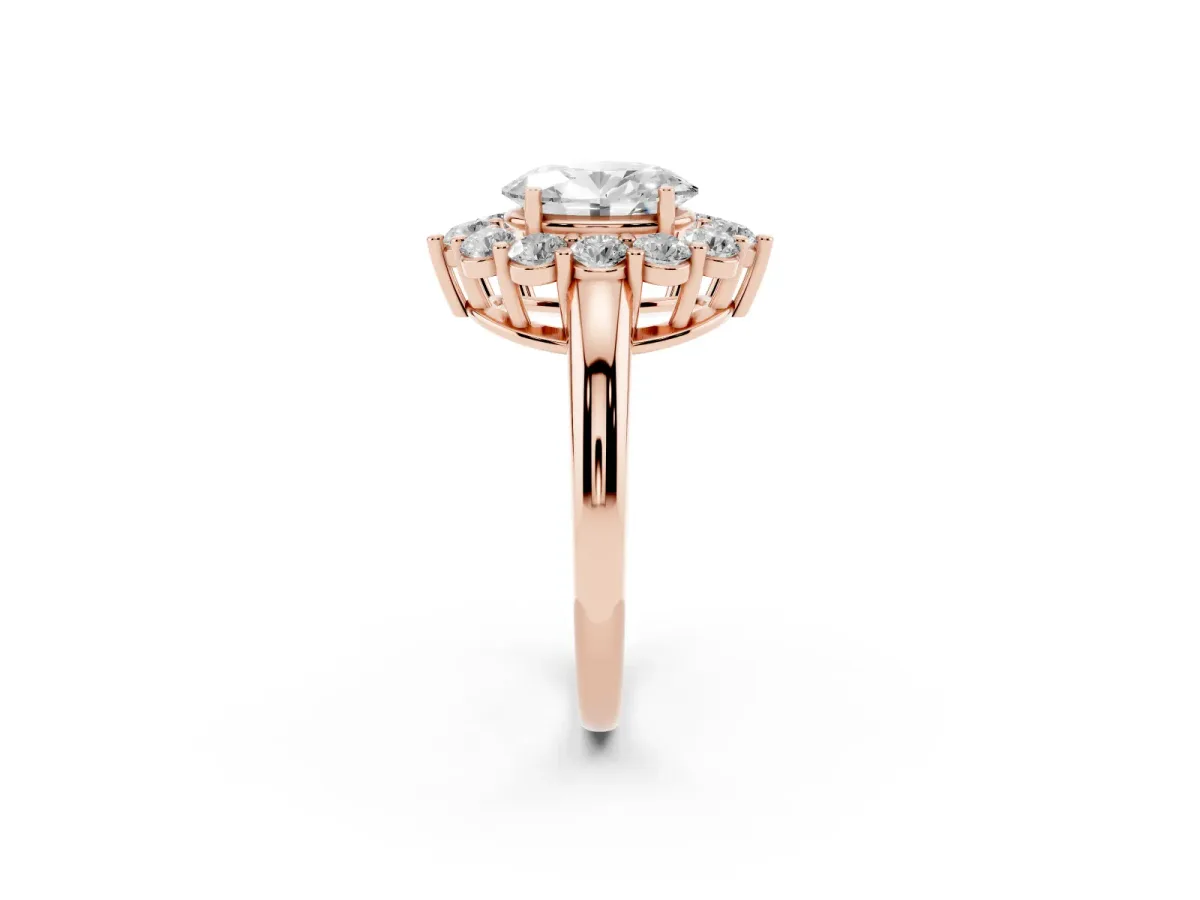 Oval Cut Halo Cluster Diamond Engagement Ring with Prong Setting and Polished Band Rose gold