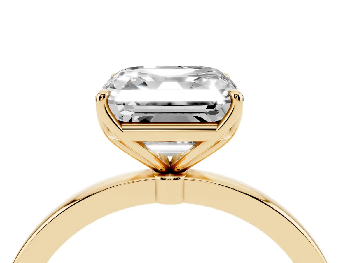 Asscher Cut Diamond Solitaire Ring with Thin Band and Prong Setting Yellow gold