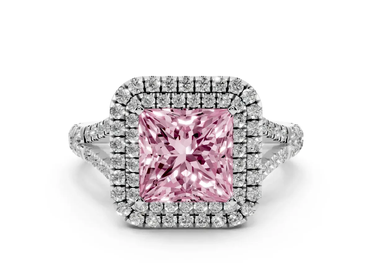 Fancy Pink Princess Cut Cut Double Halo Split Shank Diamond Ring with Prong Setting White gold