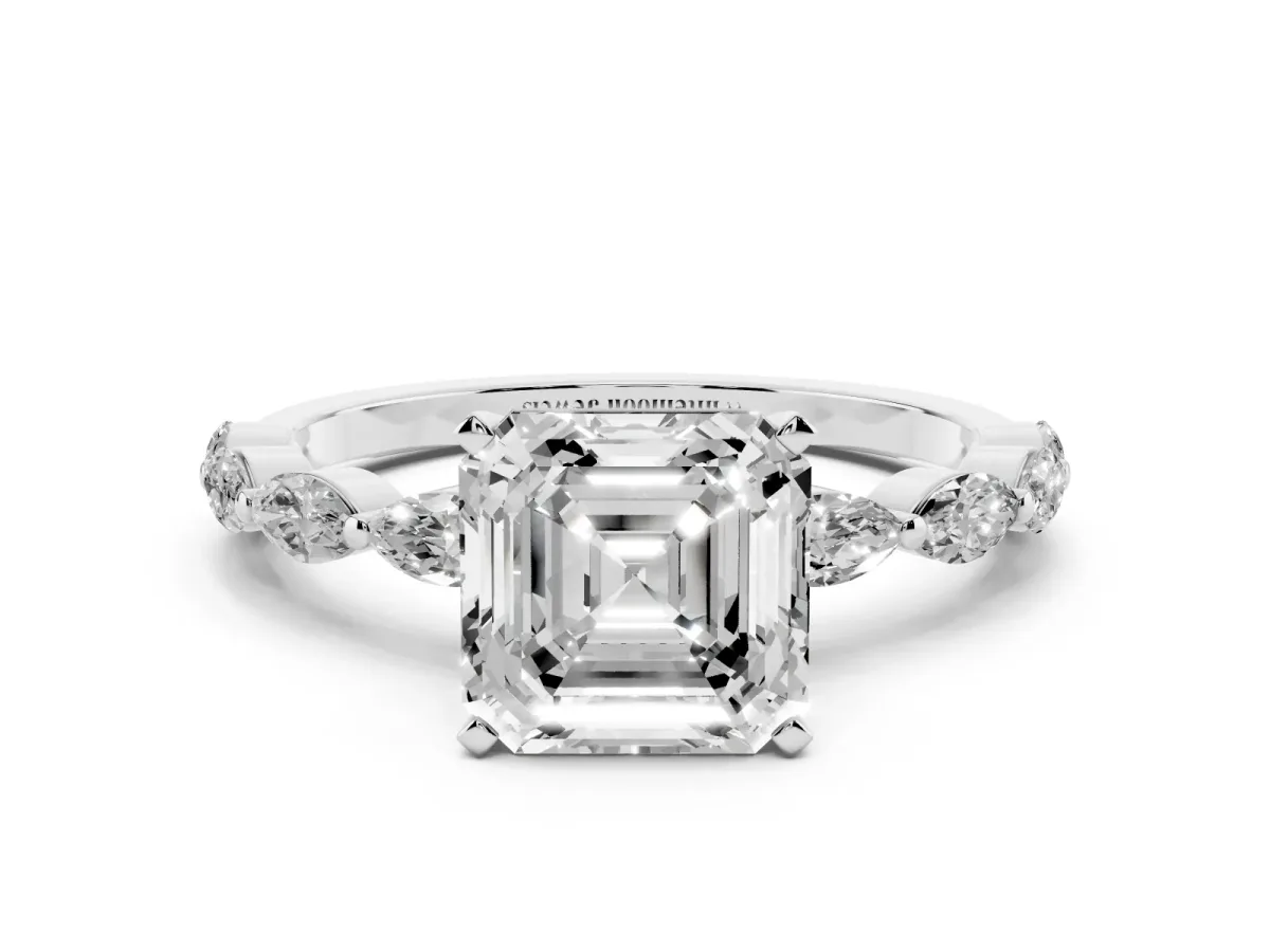 Asscher Cut Diamond Ring with Marquise Side Stones and Prong Setting Platinum