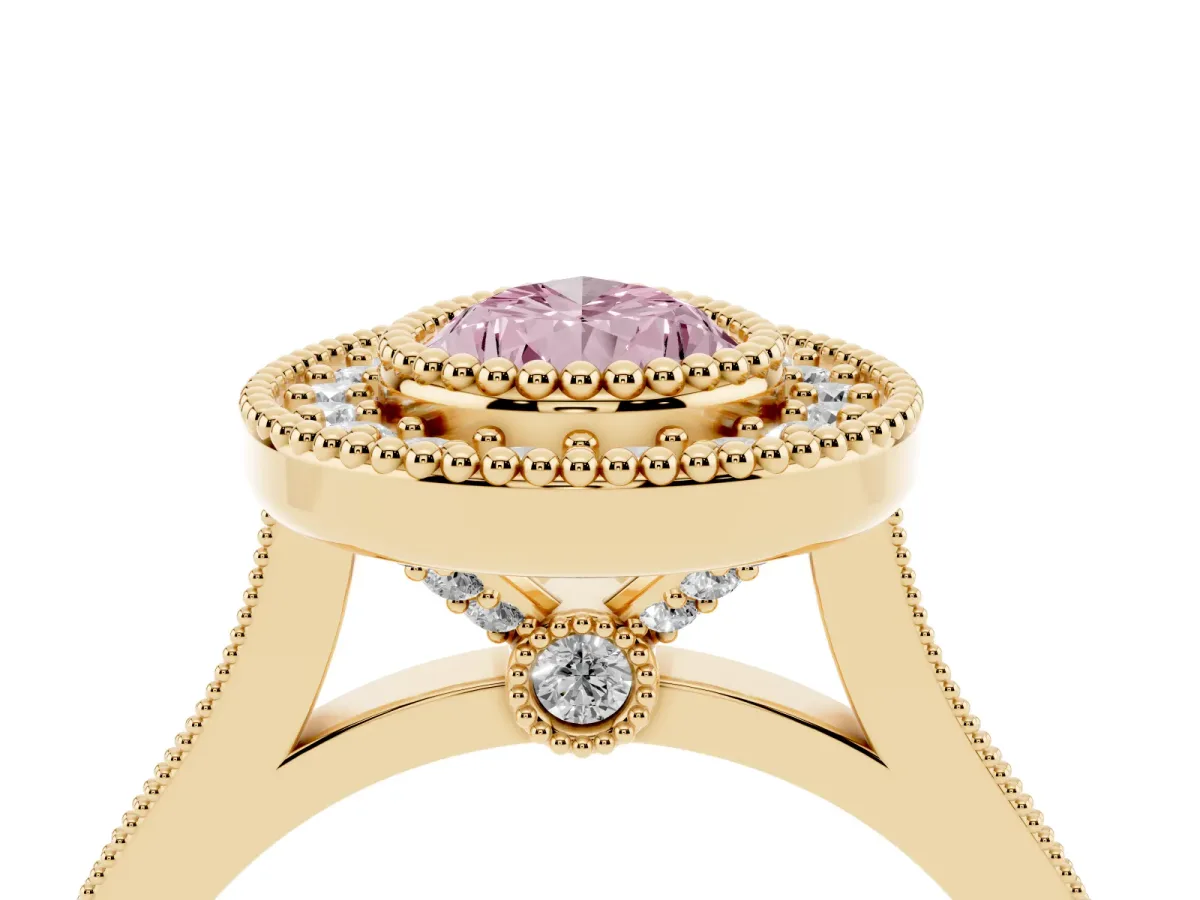Fancy Pink Pear Cut Diamond Halo Ring with Milgrain Frame and Pavé Band Yellow gold