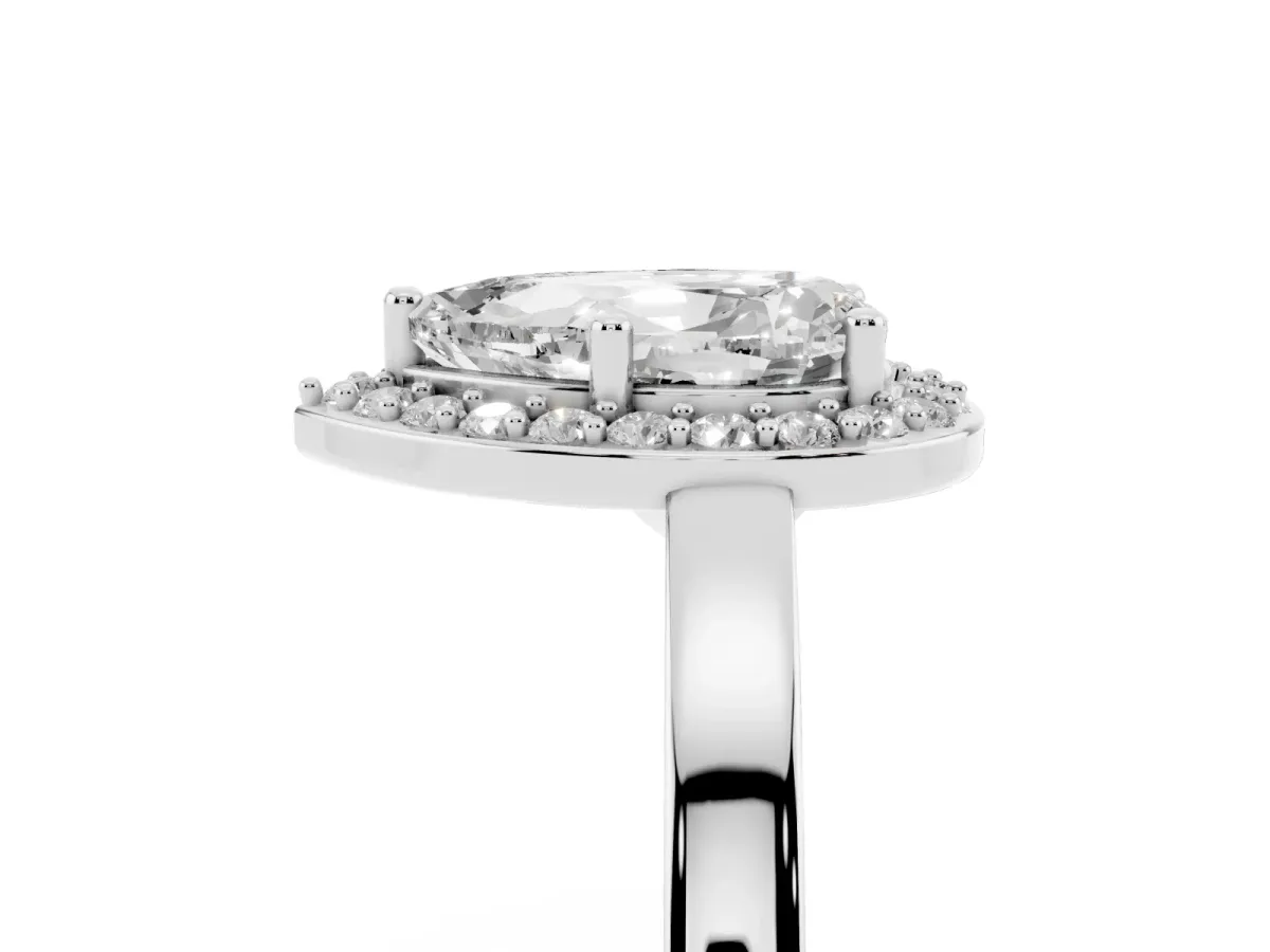 Pear Cut Halo Diamond Ring with Solitaire Band and Prong Setting Silver