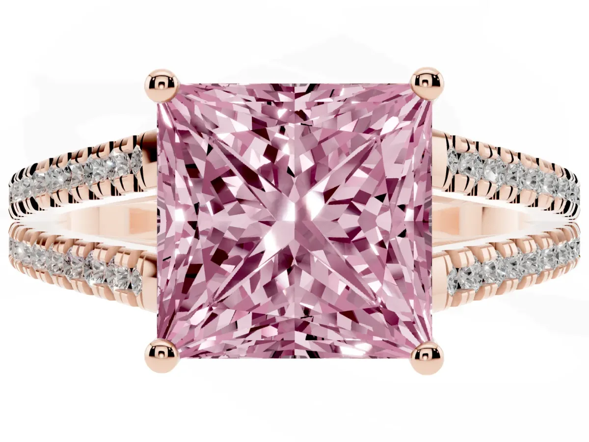 Fancy Pink Princess Cut Diamond Solitaire Engagement Ring with Split Shank Pavé Band Rose gold