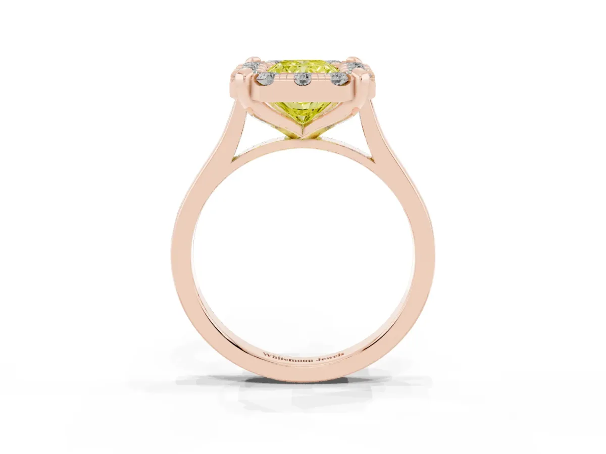 Fancy Yellow Radiant Cut Diamond Cluster Halo Solitaire with Four-Prong Setting Rose gold