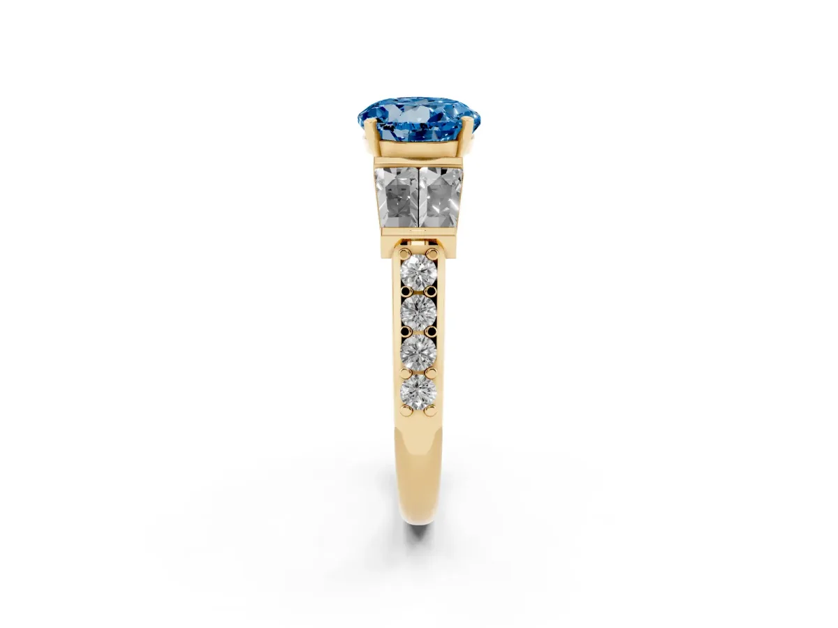 Fancy Blue Round Cut Diamond Engagement Ring with Baguette Side Stones and Channel Set Band Yellow gold