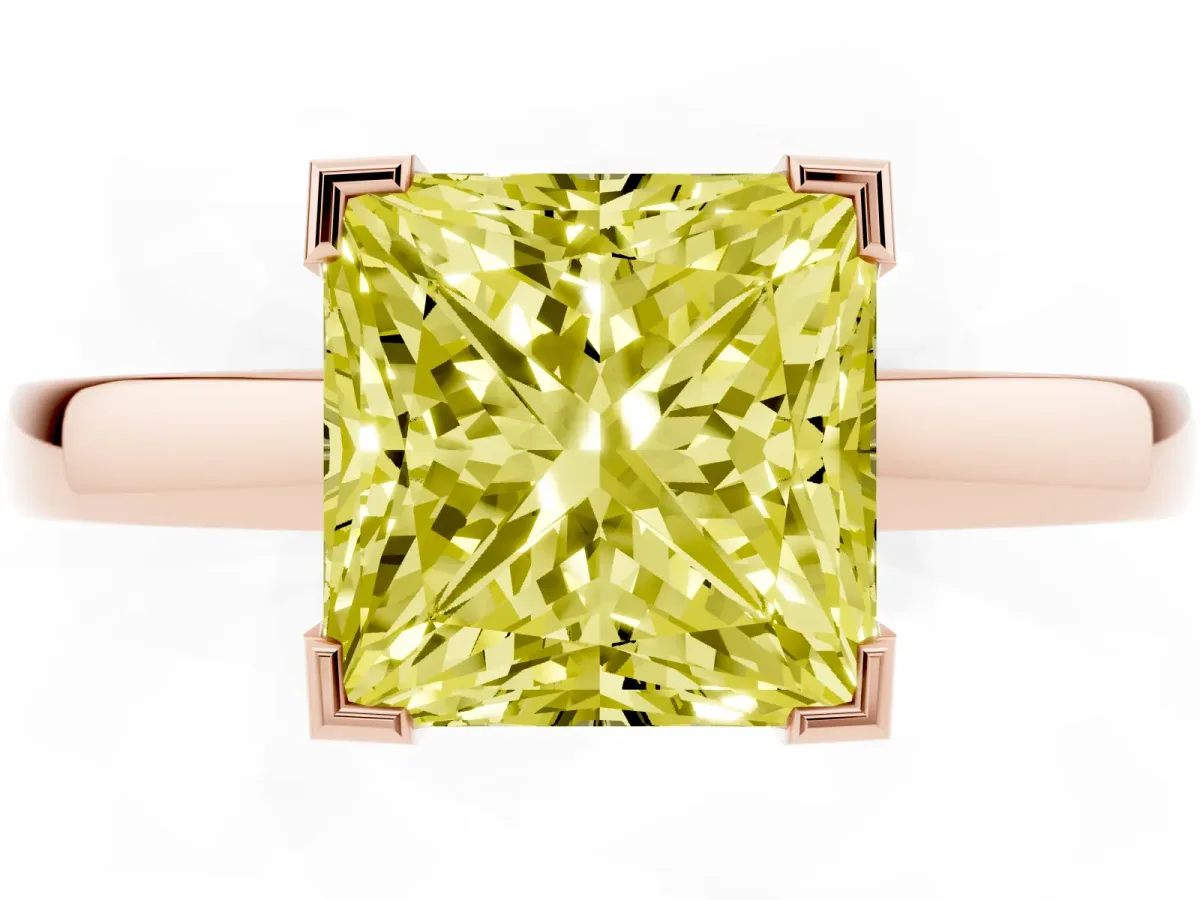 Fancy Yellow Princess Cut Cut Solitaire Ring with Four-Prong Setting and Classic Band Rose gold