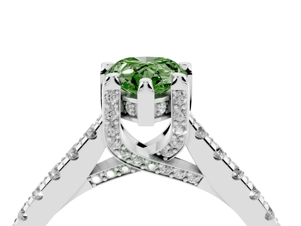 Fancy Green Pear Cut Brilliant Diamond Solitaire with Pavé Band and Four-Prong Setting Silver