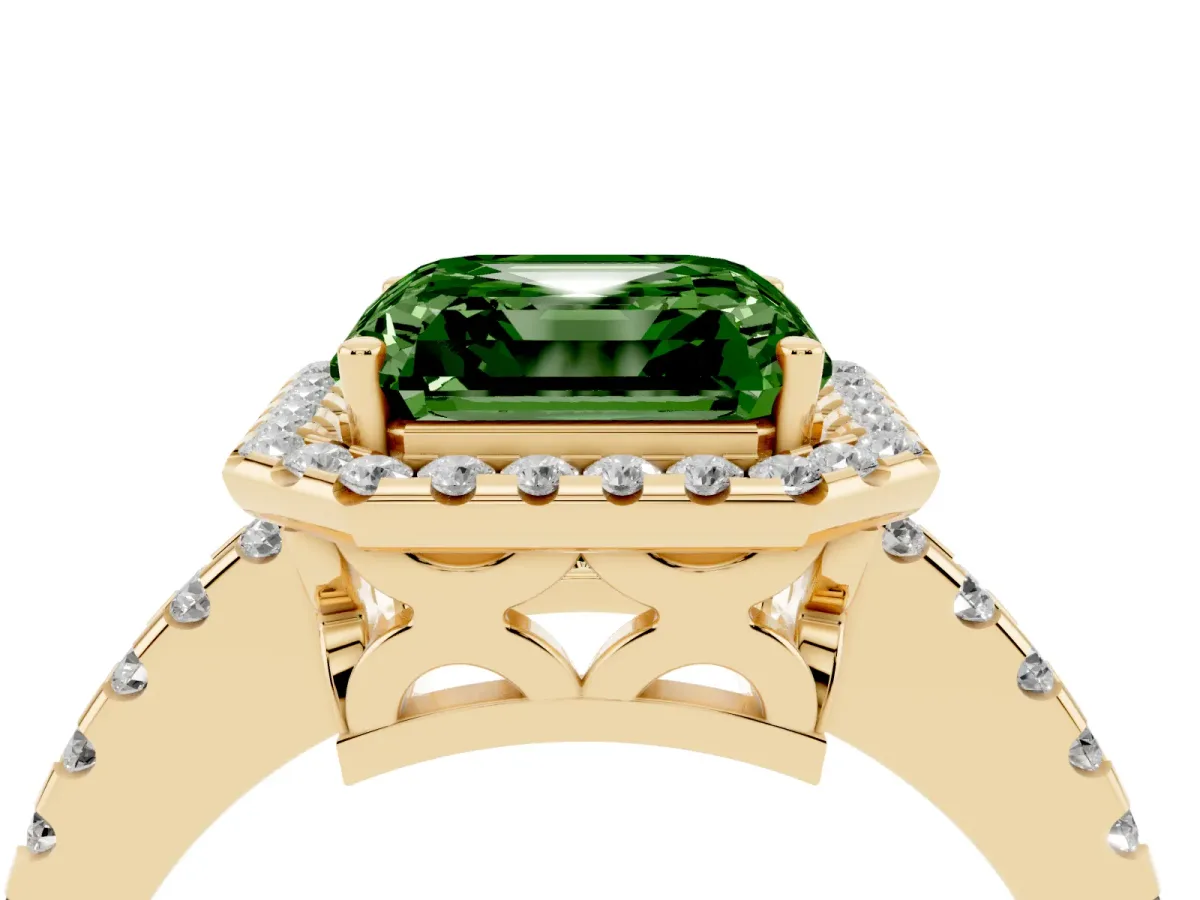 Fancy Green Asscher Cut Diamond Halo Engagement Ring with Pavé Band and Prong Setting Yellow gold
