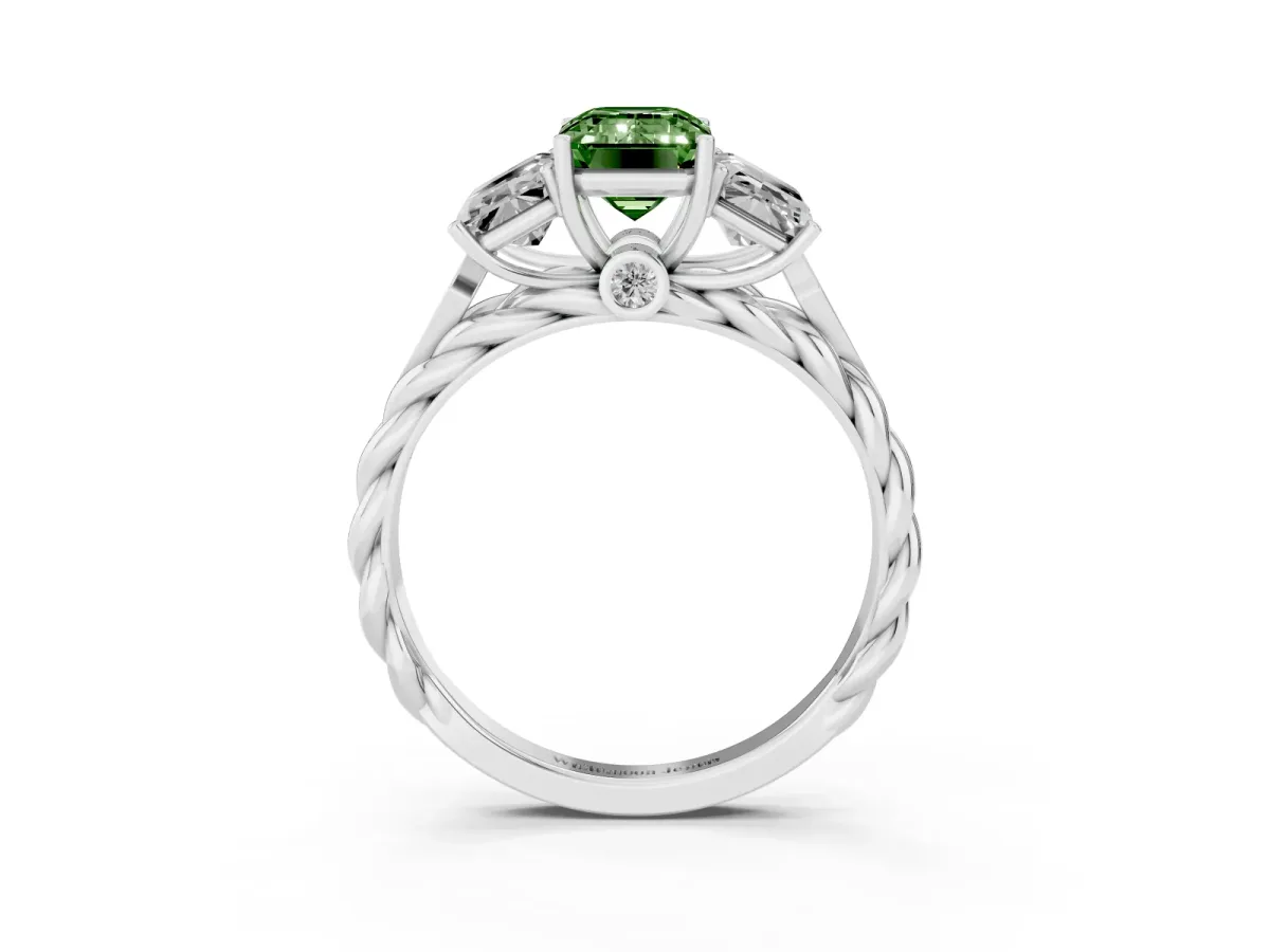Fancy Green Three-Stone Emerald Cut Diamond Braided Band Ring with Four-Prong Setting Platinum