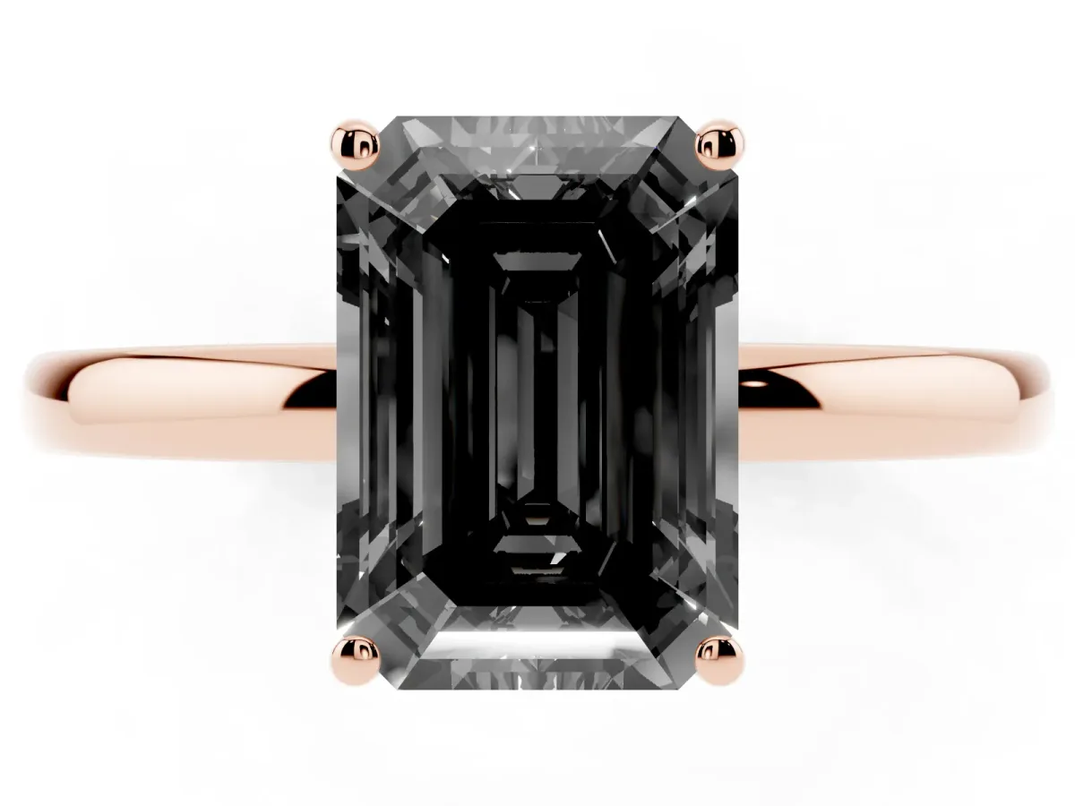 Fancy Black Emerald Cut Solitaire Diamond Ring with Prong Setting and Plain Band Rose gold