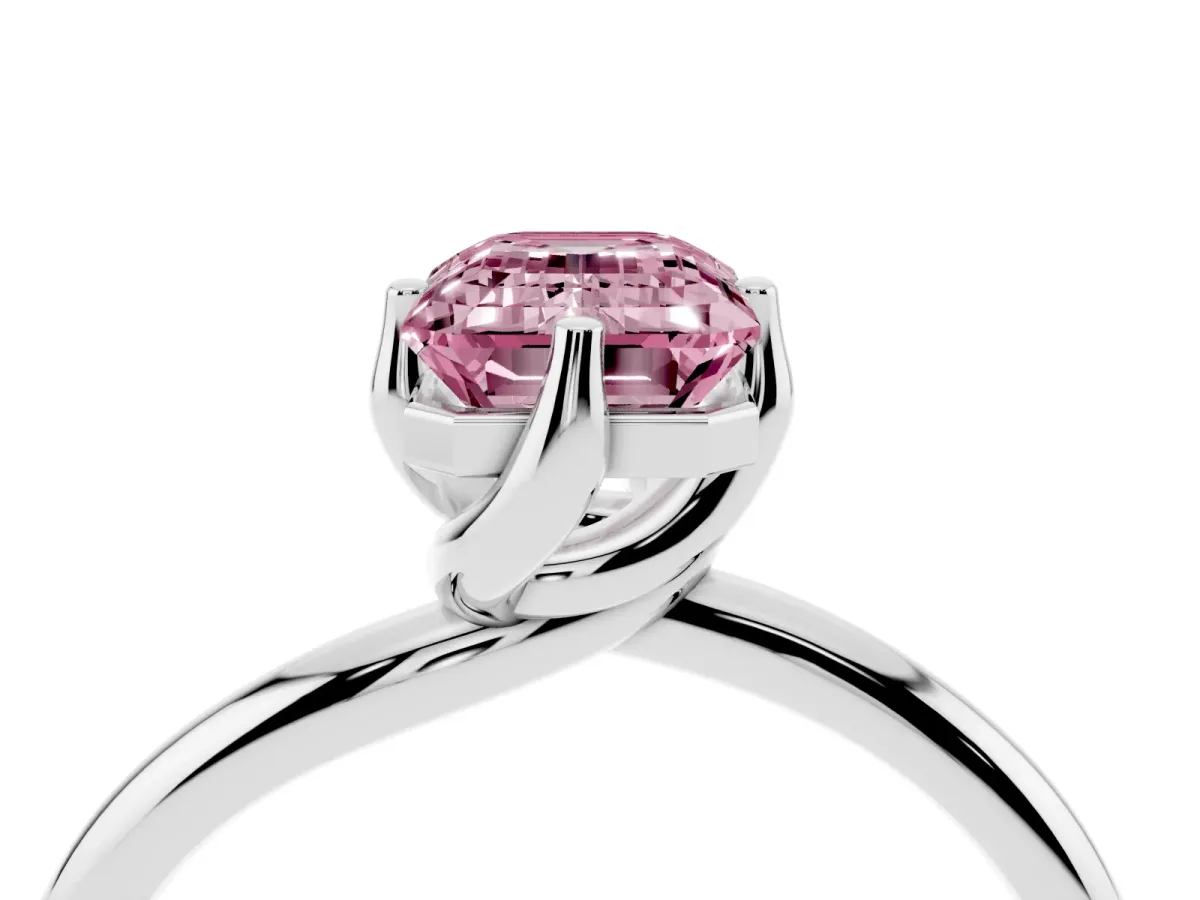 Fancy Pink Emerald Cut Diamond Solitaire Engagement Ring with Four-Prong Setting and Classic Band Silver