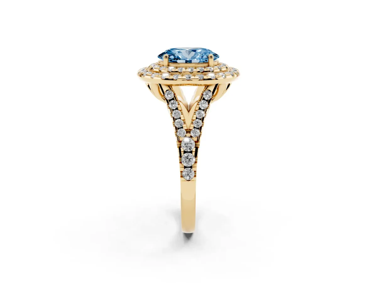 Fancy Blue Double Halo Oval Cut Diamond Pavé Split Shank Ring with Prong Setting Yellow gold