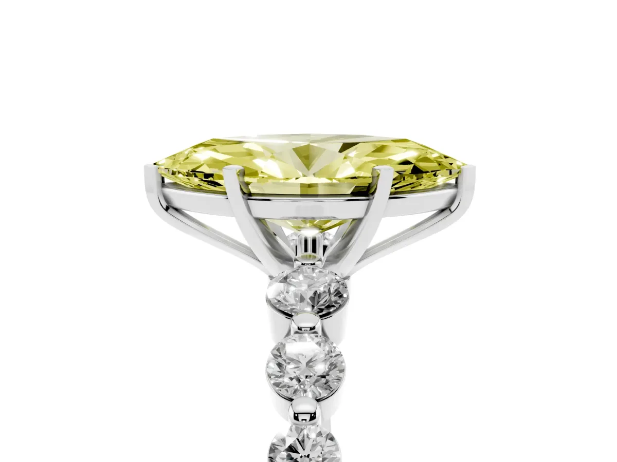 Fancy Yellow Marquise Cut Solitaire Diamond Ring with Pave Band and Four-Prong Setting Silver