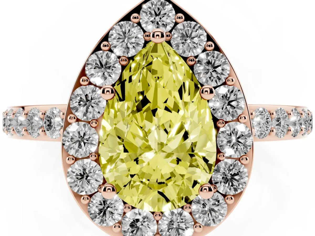 Fancy Yellow Pear Cut Halo Diamond Pavé Band Ring with Prong Setting Rose gold
