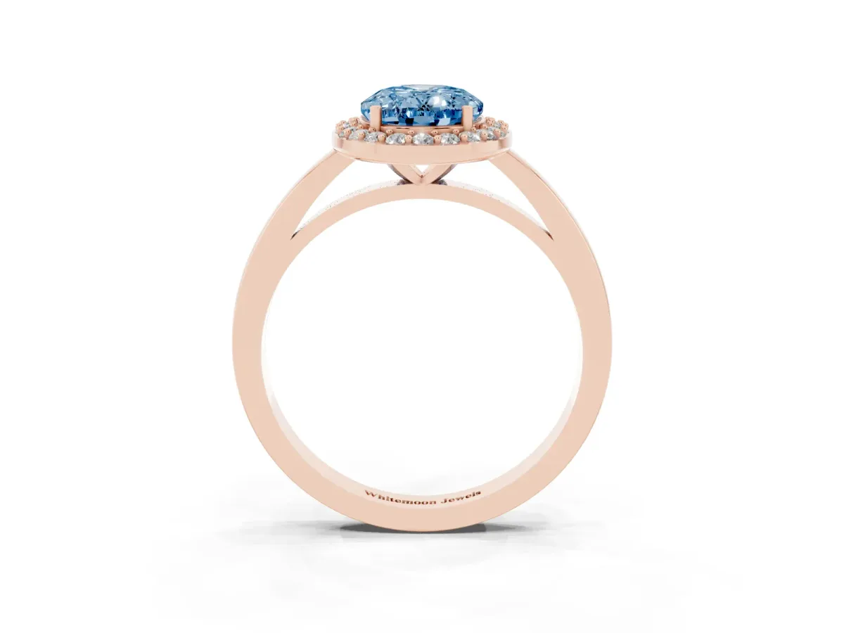 Fancy Blue Oval Cut Halo Diamond Ring with Solitaire Band and Prong Setting Rose gold