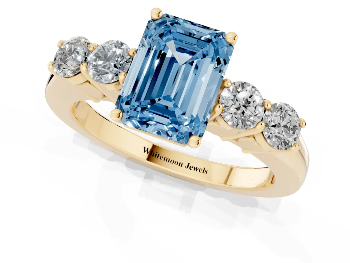 Fancy Blue Emerald Cut Cut Diamond Five-Stone Prong Set White Gold Ring Yellow gold