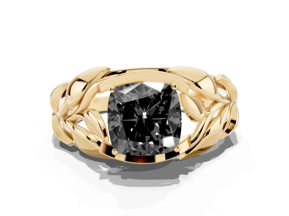 Fancy Black Cushion Cut Diamond Leaf-Inspired Engagement Ring with Round Accents and Prong Setting Yellow gold