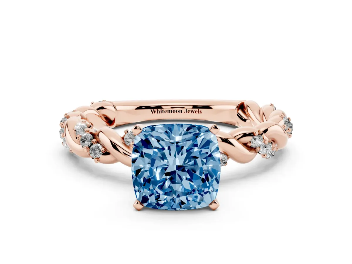 Fancy Blue Cushion Cut Diamond Solitaire Ring with Twisted Band and Pavé Accents Rose gold