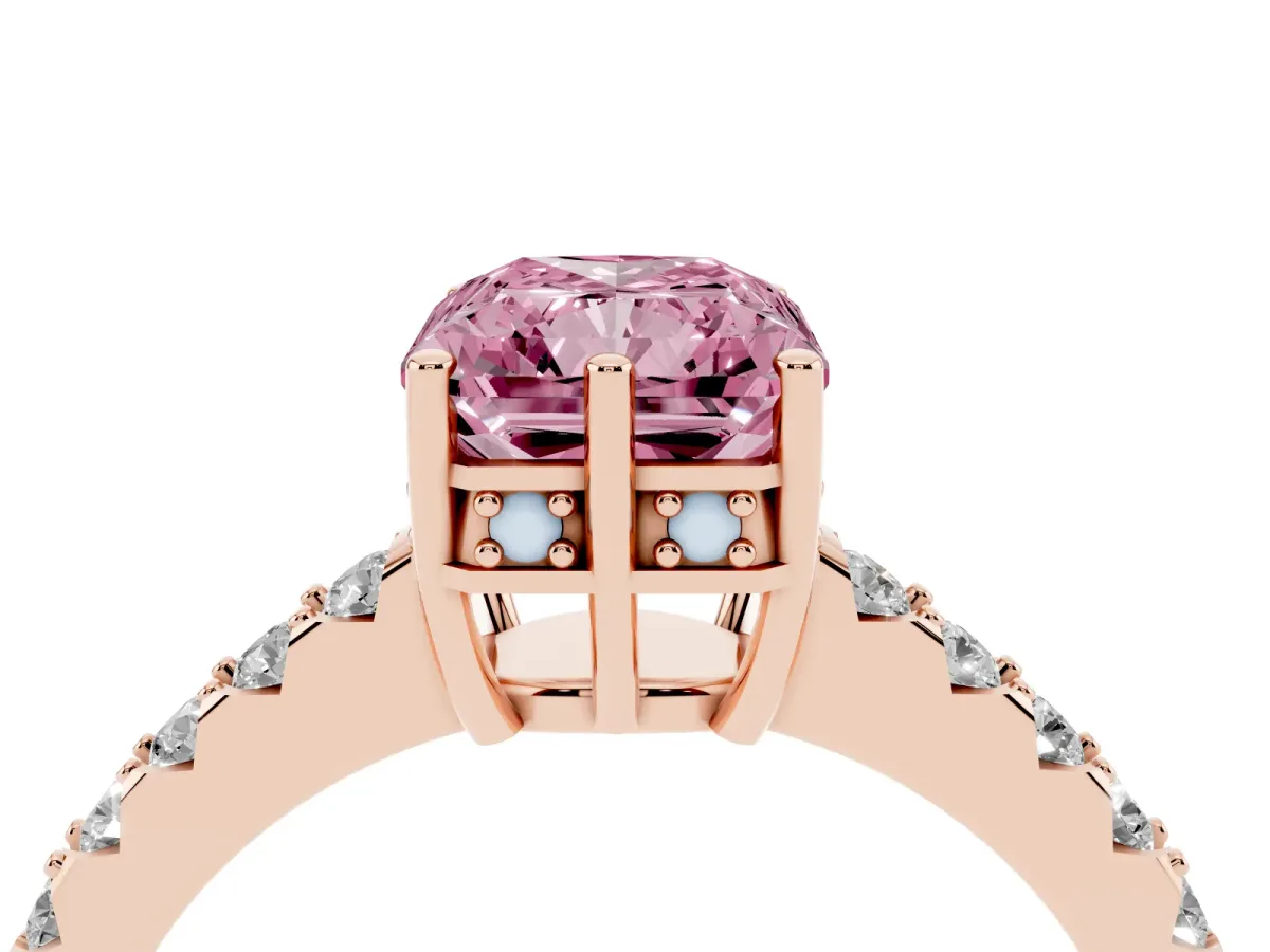 Fancy Pink Radiant Cut Solitaire Diamond Engagement Ring with Pavé Band and Six-Prong Setting Rose gold