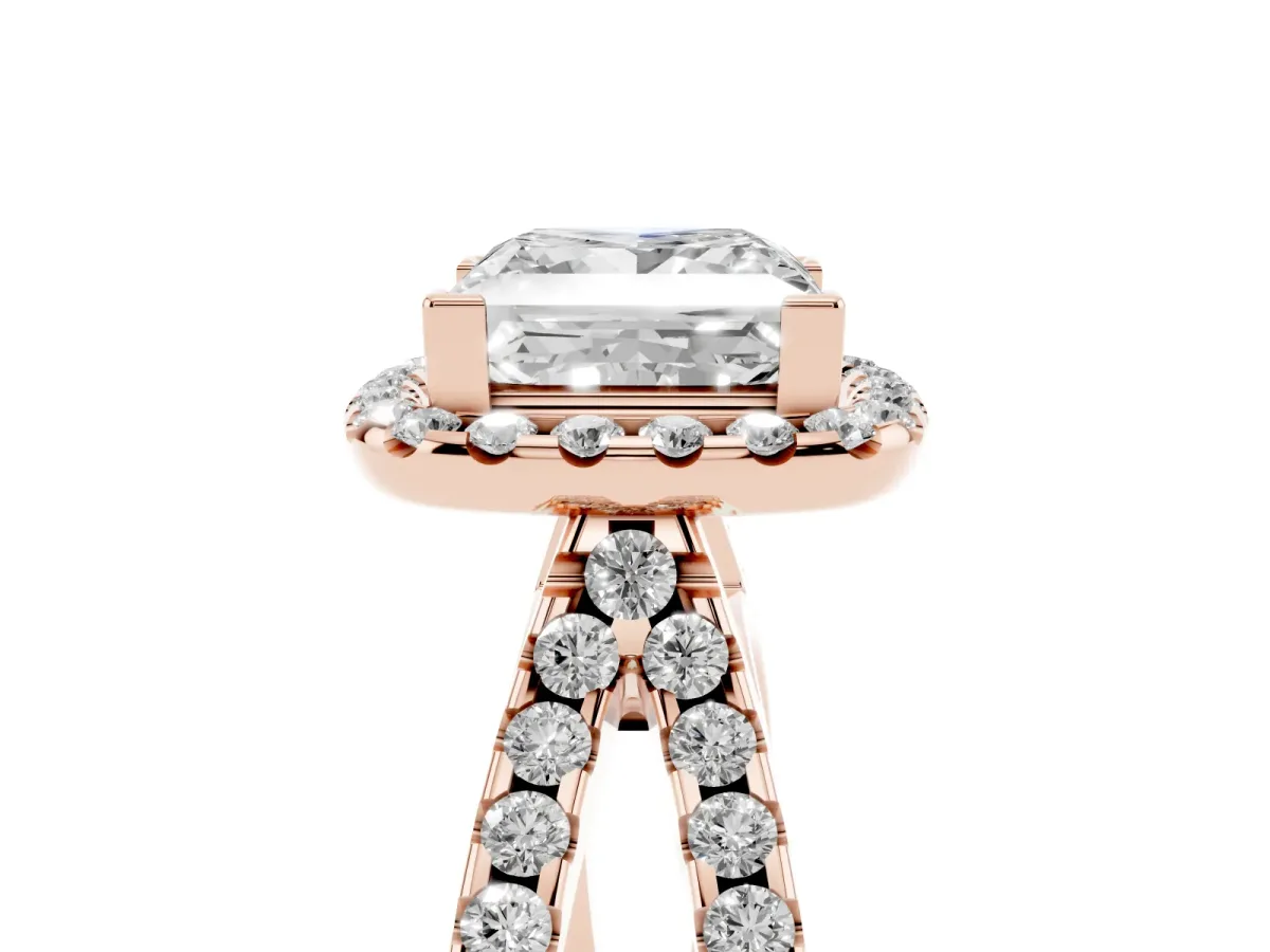 Princess Cut Diamond Halo Ring with Split Shank Pavé Band and Prong Setting Rose gold