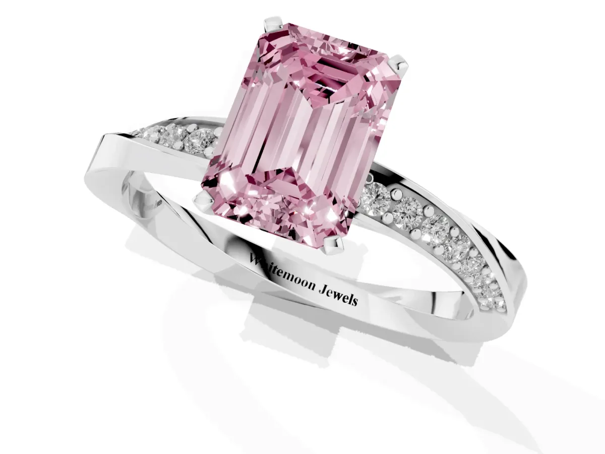 Fancy Pink Emerald Cut Diamond Engagement Ring with Side Stone Accents and Four-Prong Setting Silver