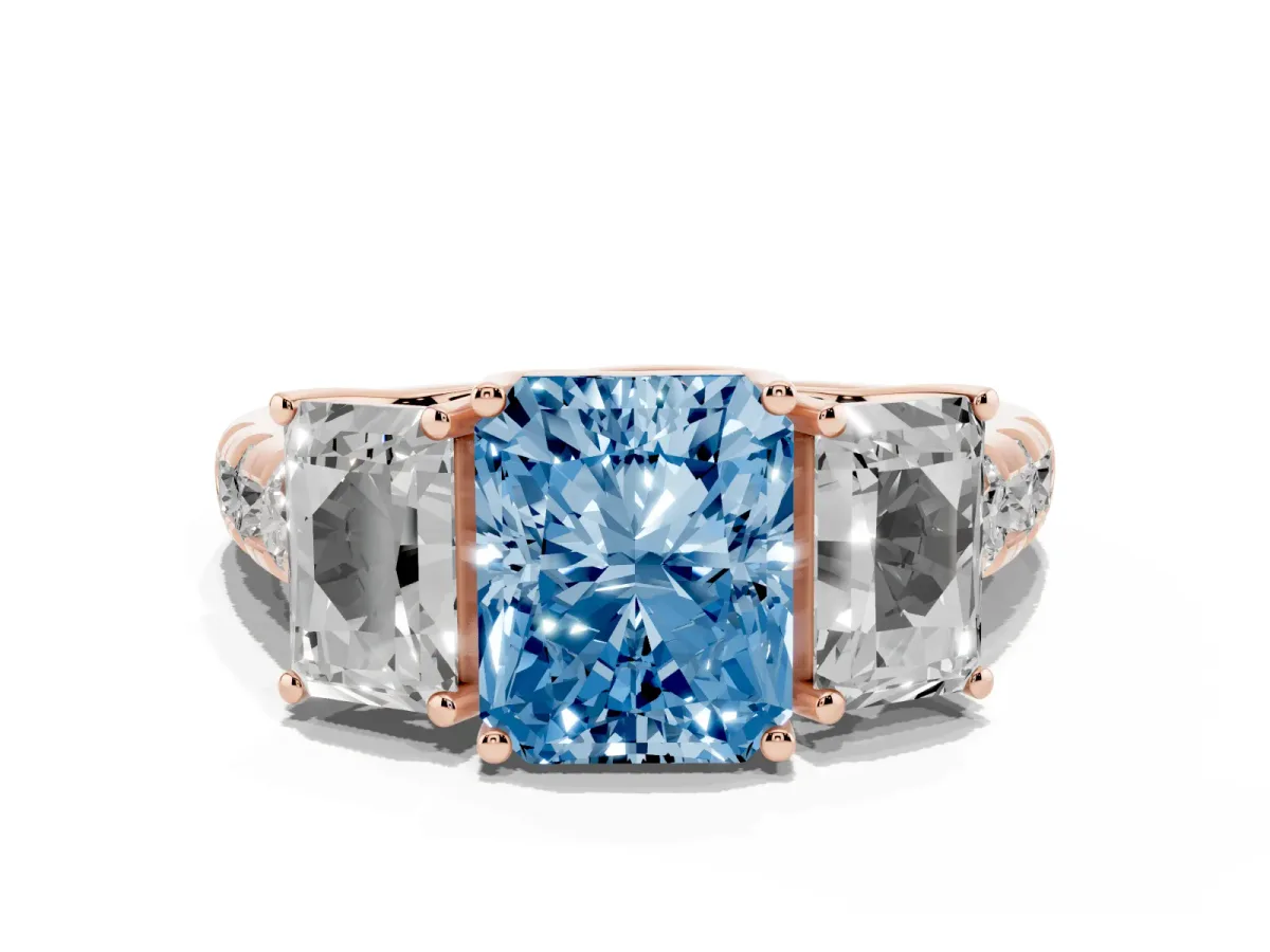 Fancy Blue Three-Stone Radiant Cut Diamond Pavé Band with Prong Setting Rose gold
