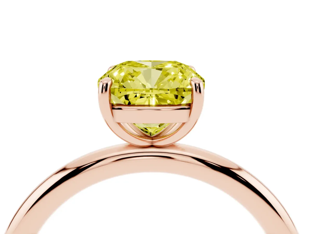Fancy Yellow Cushion Cut Solitaire Diamond Ring with Four-Prong Setting on a Plain Band Rose gold