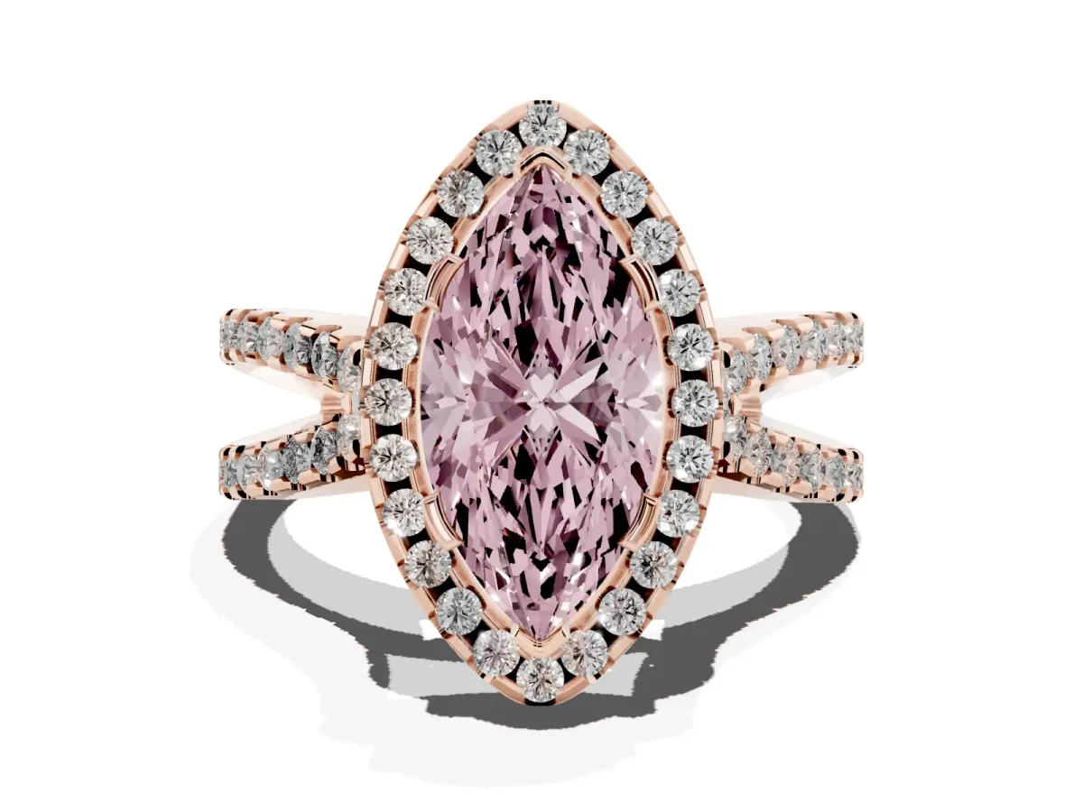 Fancy Pink Marquise Cut Diamond Halo Ring with Split Shank Pavé Band and Prong Setting Rose gold