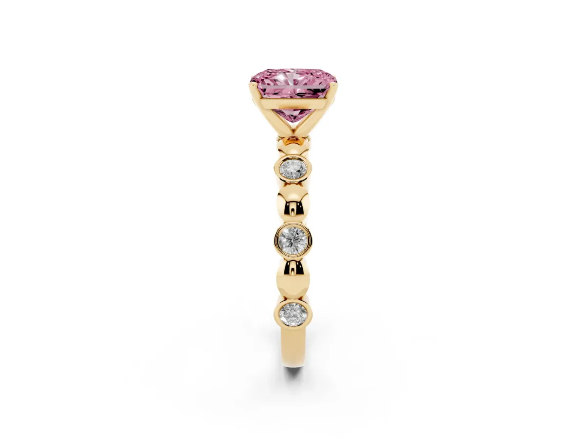 Fancy Pink Radiant Cut Solitaire Bezel-Set Diamond Ring with Beaded Band and Four-Prong Setting Yellow gold