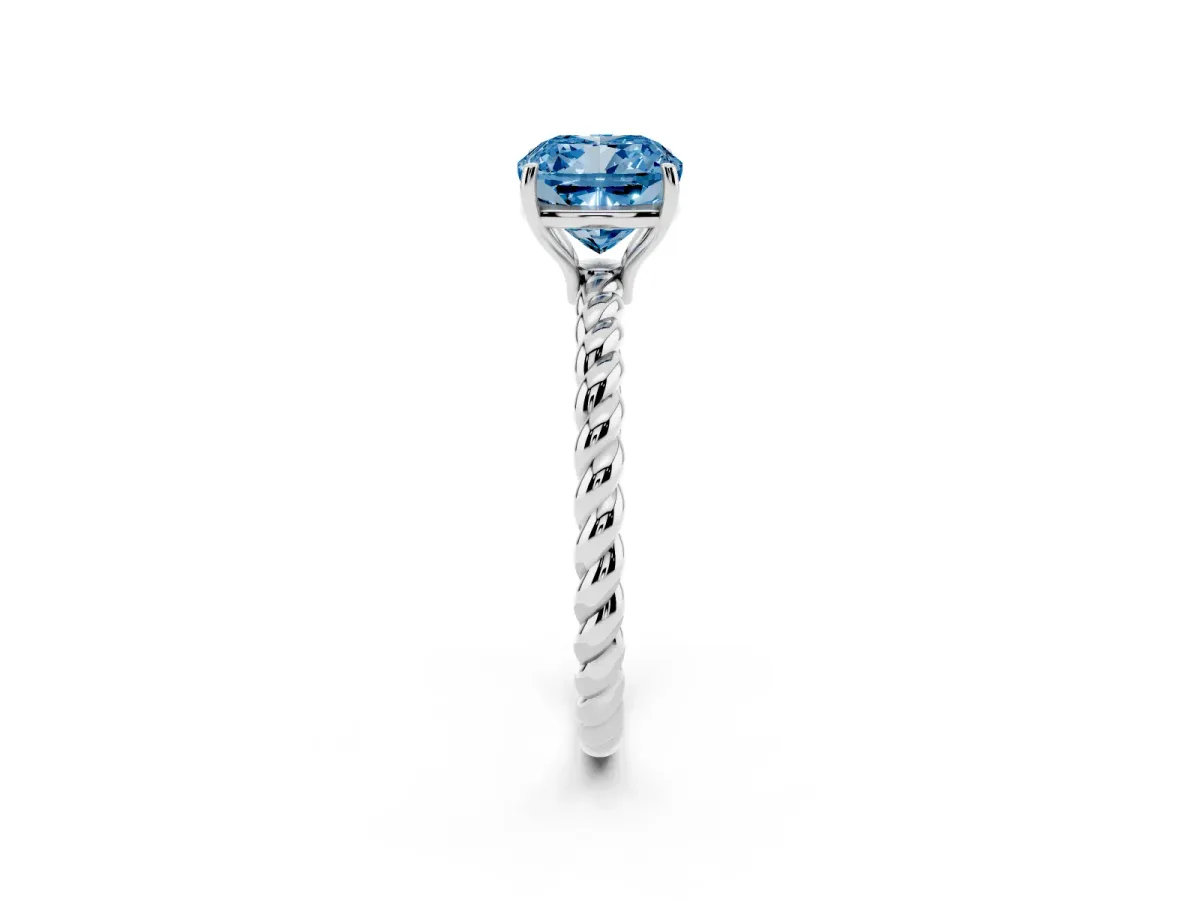 Fancy Blue Cushion Cut Solitaire Twist Band Ring with Four-Prong Setting Platinum