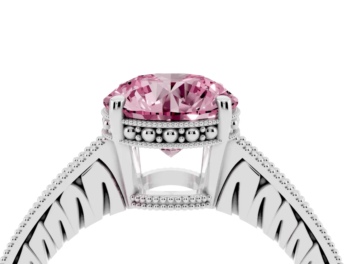 Fancy Pink Round Cut Solitaire Pavé Diamond Milgrain Engagement Ring with Four-Prong Setting Silver