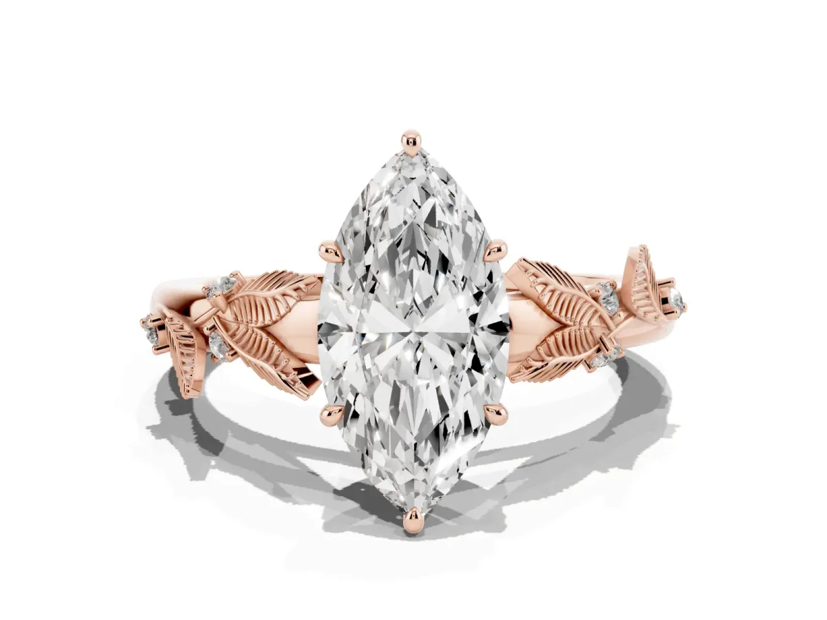 Marquise Cut Diamond Solitaire Ring with Leaf Motif Band and Four-Prong Setting Rose gold
