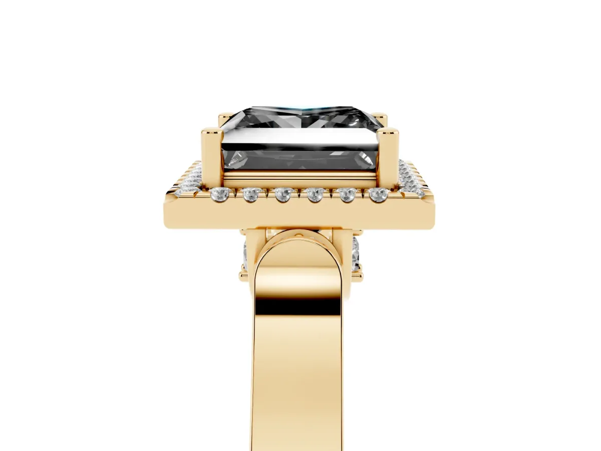 Fancy Black Princess Cut Halo Round Diamond Twist Band with Four-Prong Setting Yellow gold