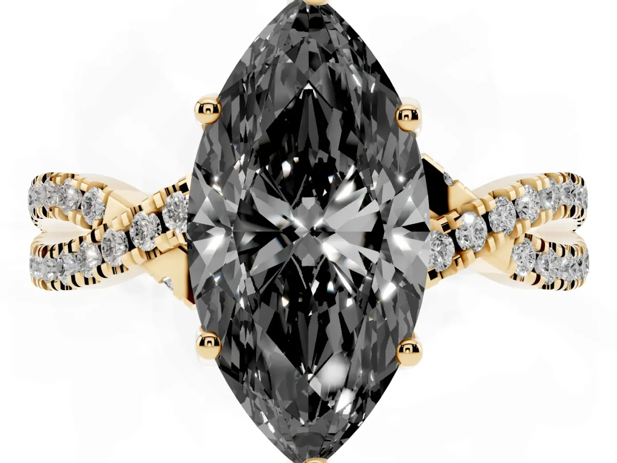 Fancy Black Marquise Cut Solitaire Twist Pave Diamond Engagement Ring with Prong Setting Yellow gold