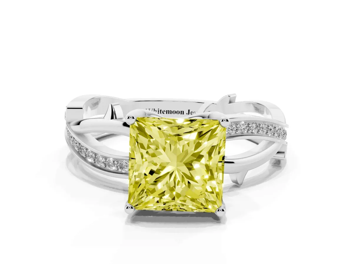 Fancy Yellow Princess Cut Solitaire Twist Band with Pavé Accents and Four-Prong Setting Platinum