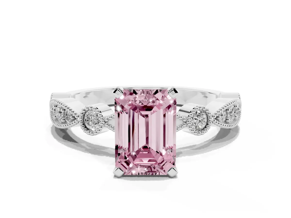 Fancy Pink Emerald Cut Milgrain Bezel Diamond Engagement Ring with Solitaire Prong Setting Silver