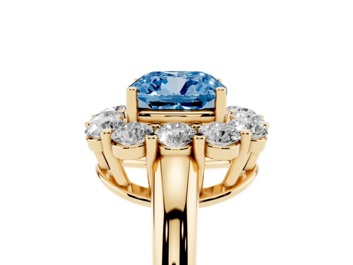 Fancy Blue Cushion Cut Halo Cluster Diamond Engagement Ring with Prong Setting and Polished Band Yellow gold
